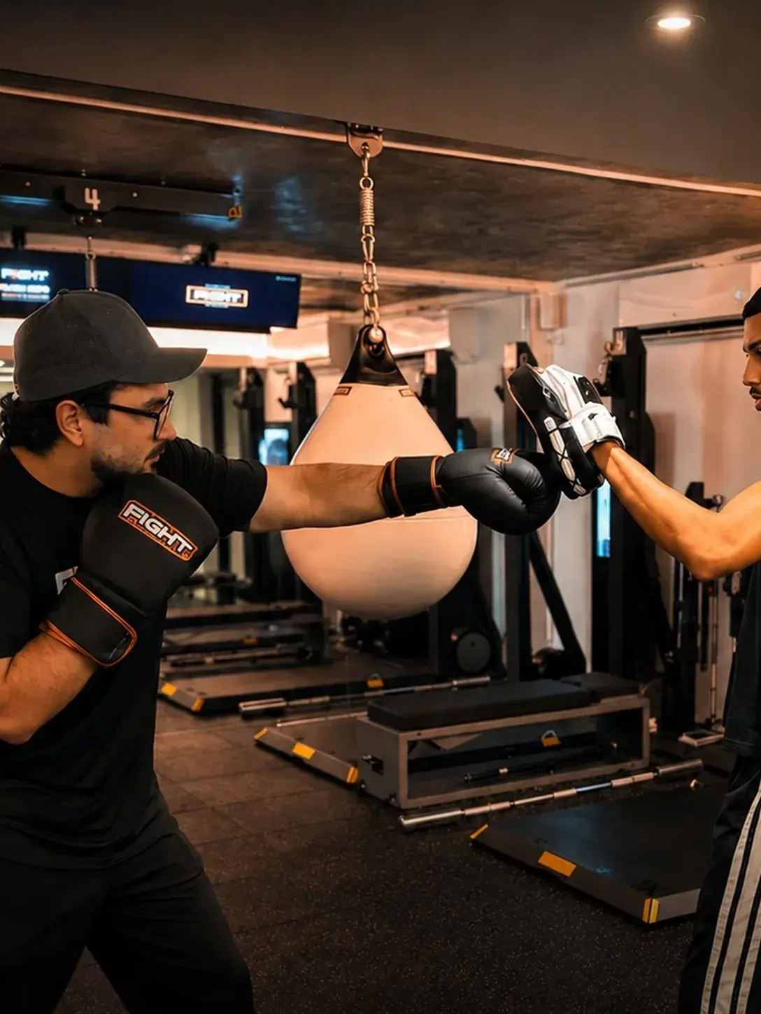 Gustavo, strength and conditioning coach at F!GHT BOX, throwing a combination during floor work in Condado, San Juan